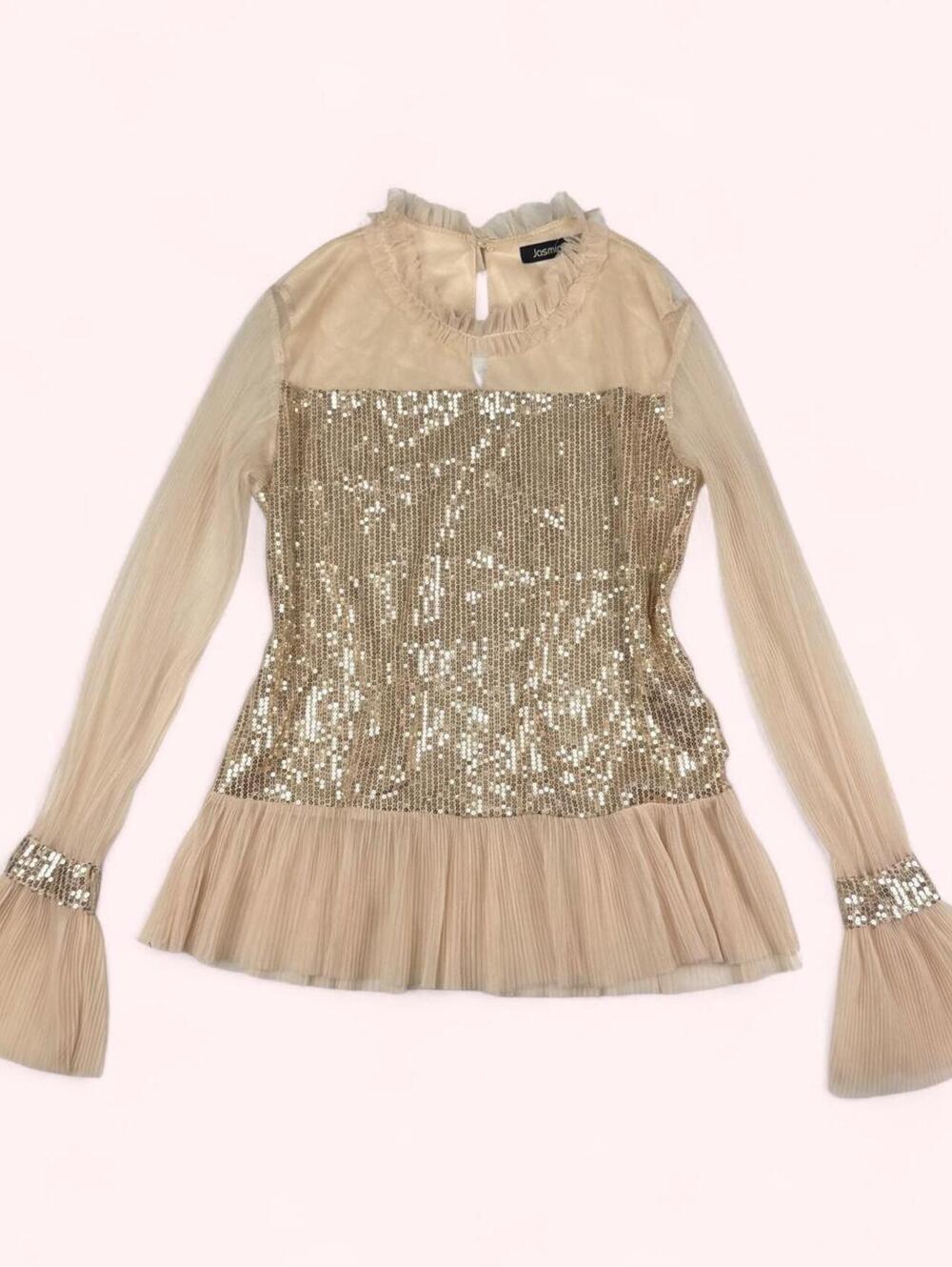 Gold sequin sheer top with ruffled sleeves and hem